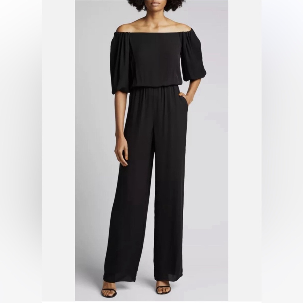 THEORY Silk Classic Jumpsuit Off the Shoulder 100% Georgette Silk Black size S